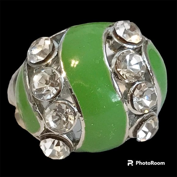 Vintage Green Enamel Cocktail Ring Silver Plated Crystal Rhinestone Size 8 Boho - Picture 1 of 10